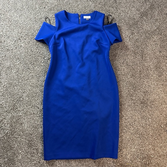 Calvin Klein Cold Shoulder Dress Size 14 Royal Blue Scuba Back Zip - Picture 1 of 9